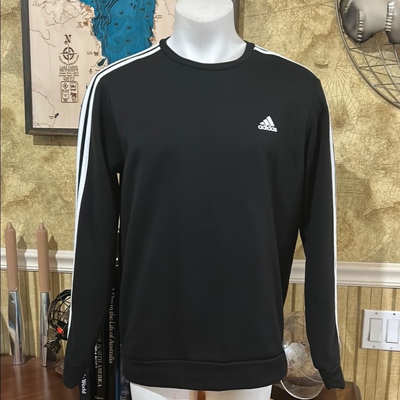 Adidas Men's Crewneck Sweatshirt - Black with White Stripes. Large - Picture 1 of 8